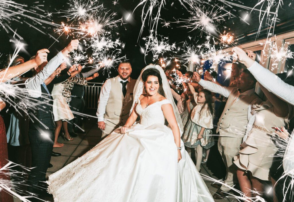 Bride and groom portrait at golden hour